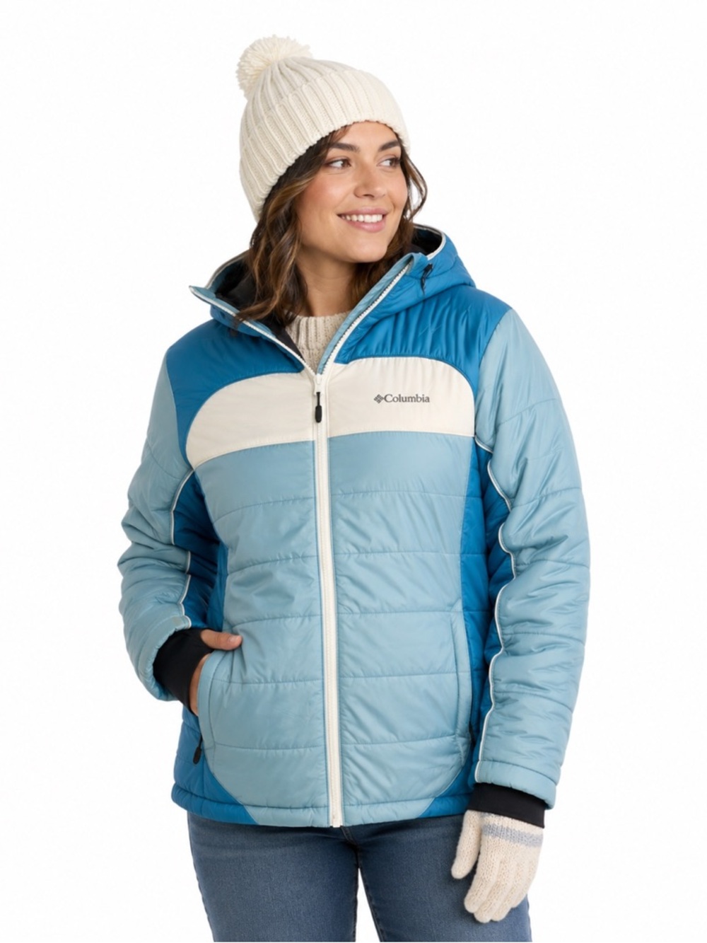 Columbia Omni Heat Hooded Winter Jacket M Blue White Insulated Outdoorcore